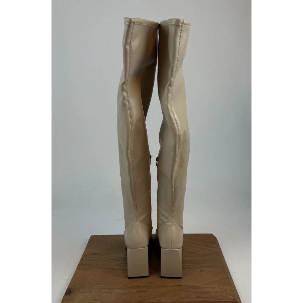 New Womens Open Edit Briar Cream Faux Leather Over The Knee Heeled Boots Size 9‎
